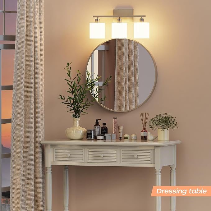 Bathroom Light Fixtures, Bathroom Lighting Fixtures Over Mirror, Classic Vanity Lights, Modern Vanity Light with Textured Frosted Opal White Glass Shades, Brushed Nickel, 3-Light