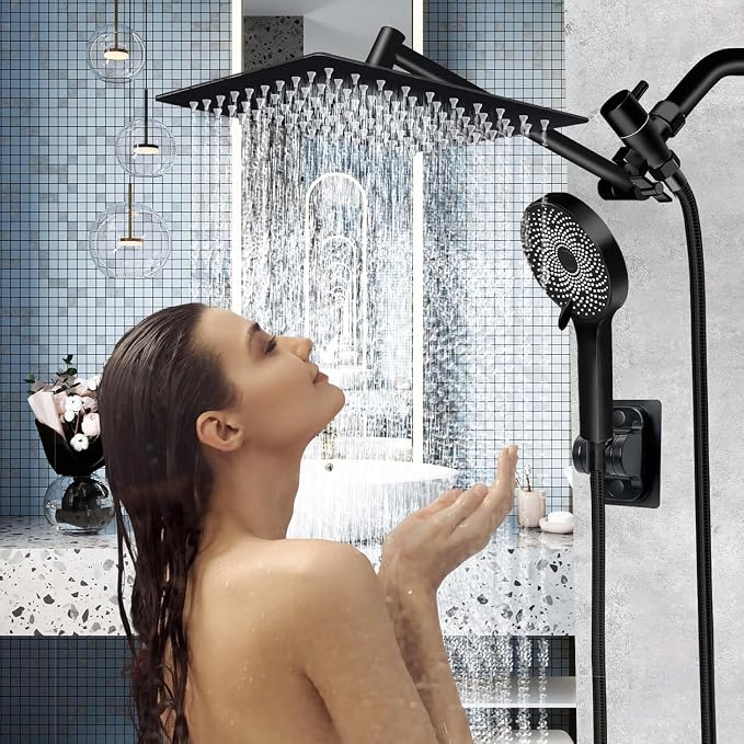 Shower Head,10 Inch High Pressure Rain Shower Head with Handheld Spray Combo, Adjustable Dual Rainfall Shower Head - Showerhead Comb Set with Extension Arm - 60 Inch Long Shower Hose(Black)