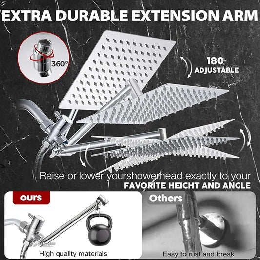 Shower Head,12”Rain Shower Head with Handheld Spray Combo and Adjustable Extension Arm/Shower System,High Pressure Rain Fall Hose,Chrome
