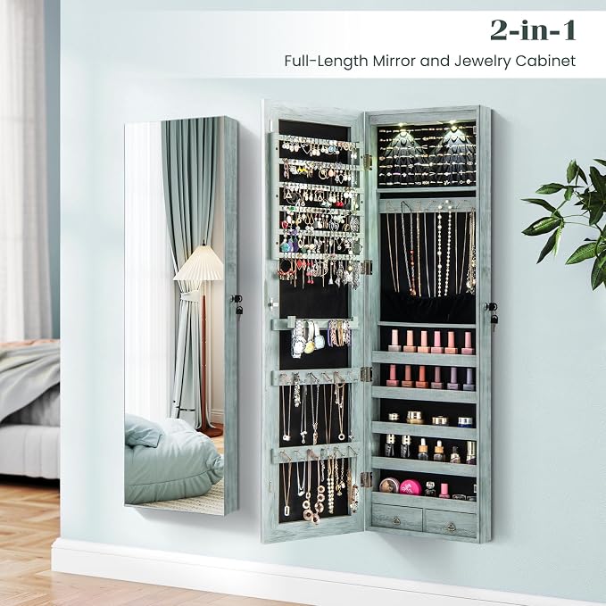 Giantex Wall or Door Mounted Jewelry Armoire with 47.5" Full Length Mirror, Lockable Cabinet with 2 LED Lights, 2 Drawers, Over the Door Large Jewelry Storage Organizer (Weathered Blue)