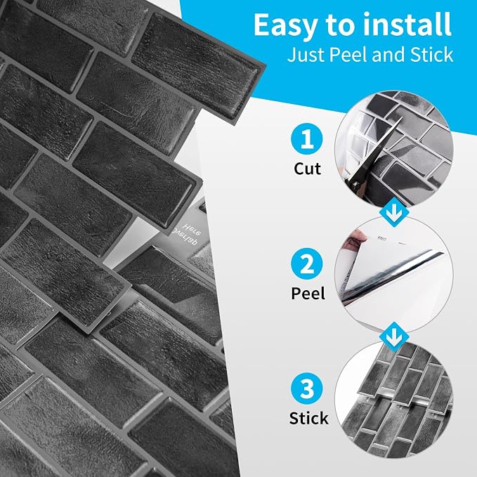 Art3d 10-Pack Marble Peel and Stick Backsplash, 12 x 12 in, Smoky Black | Strong Adhesion, Lightweight, Cuttable, Waterproof, Fadeless, Crack Resistant, for Kitchen, Bedroom, Ideal for Recently Moved