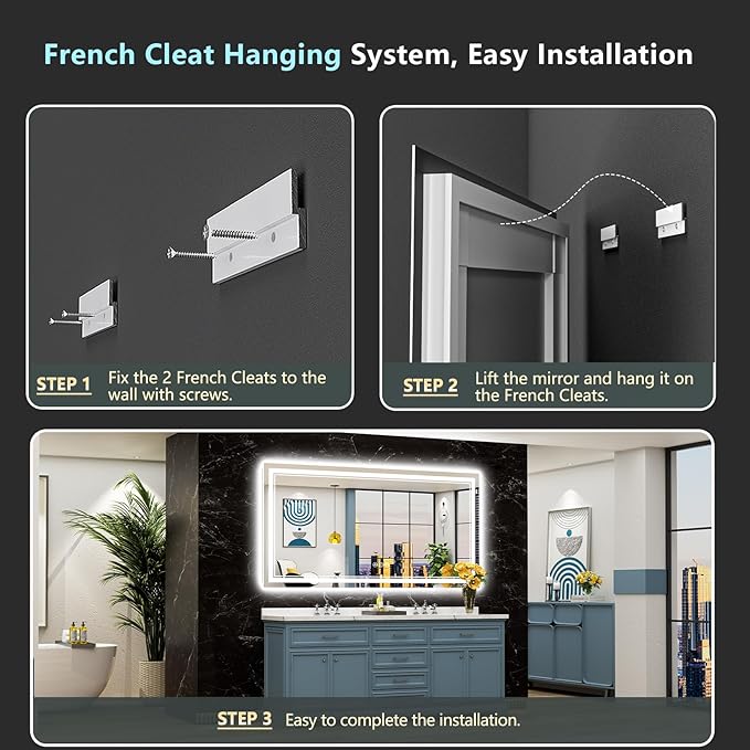 96x36 LED Bathroom Mirror with Lights, Backlit and Front Lit Anti-Fog Lighted Vanity Mirrors for Bathroom Wall, Dimmable, 3-Color Light, Memory, Shatter-Proof, HD Tempered Glass, CRIļ¼90