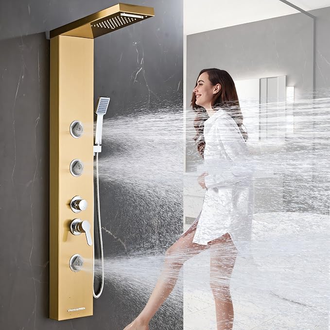 6 in1 Multi-Function Shower Panel Tower System-Brushed Gold | 304 stainless steel Shower Panel Column Tower with Powerful Body Massage, Rainfall, Waterfall,Handheld and Tub Spout