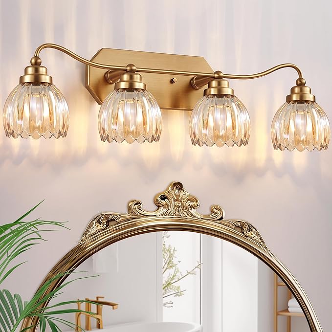 Vintage Bathroom Light Fixtures, 4 Light Gold Bathroom Vanity Light, Matte Antique Brass Finish with Amber Crystal Glass Shade, Wall Sconces Lighting for Bedroom, Living Room(Amber-colored Glass)