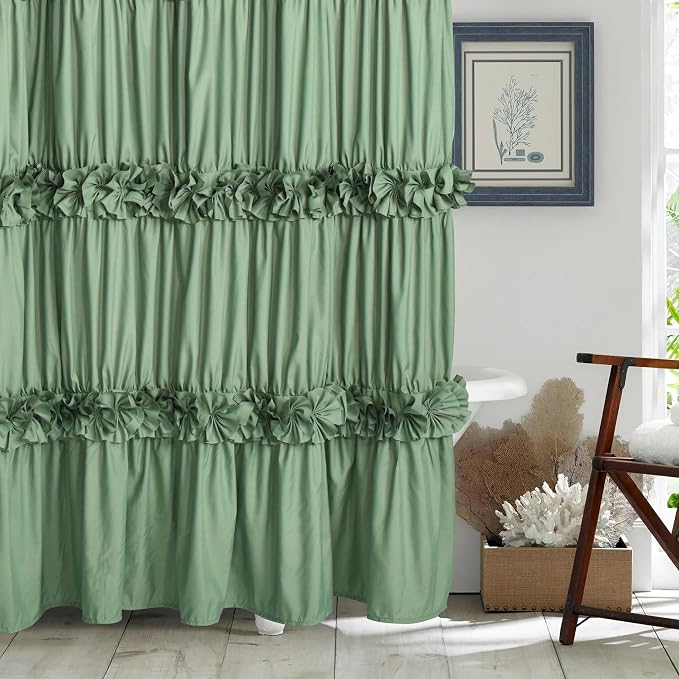Homechoice Decor Light Green Ruffle Shower Curtain 72" W x 72" H | Vintage Handcrafted Bow Tie Bath Curtain for Master Bathroom, Ruched Microfiber Bathroom Curtain with 12 Buttonholes (LQ-10)