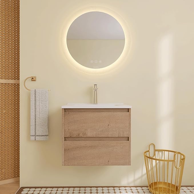 24 inch Floating Bathroom Vanity with Ceramic Sink, 24'' Wall Mounted Cabinet with 2 Soft-Closing Drawers, Space Saving for Small Bathroom, Modern Storage Cabinet, Brown Finish