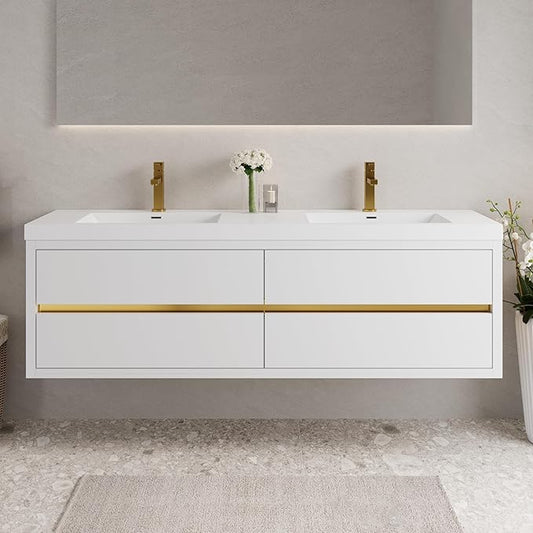 Abruzzo 72" Glossy White Wall-Mounted Bathroom Vanity with Double Sink – Stone Resin Countertop & Soft-Close Drawers, Waterproof Wood Cabinet for Bathrooms