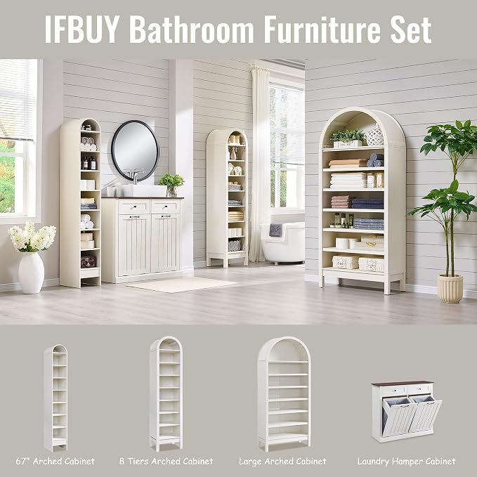IFBUY 71" Tall Arched Bathroom Storage Cabinet, 7-Tier Modern Farmhouse Storage Cabinet with Adjustable Shelves, Wood Freestanding Cabinet for Bathroom, Living Room, Entryway, Hallway (Antique White)