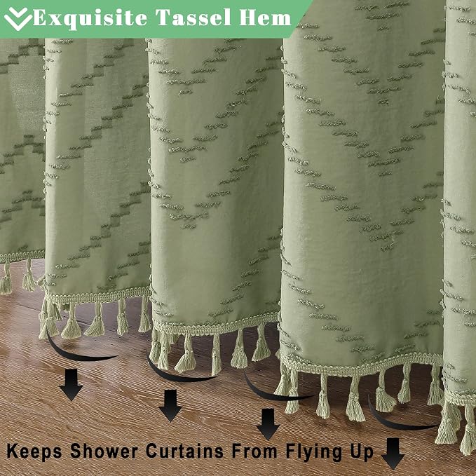 Boho Shower Curtain, Light Green Fabric Cloth Shower Curtains Farmhouse Tufted Chevron Striped Textured with Tassel for Bathroom, Soft Hotel Style Modern Minimalist, Machine Washable, 72x72