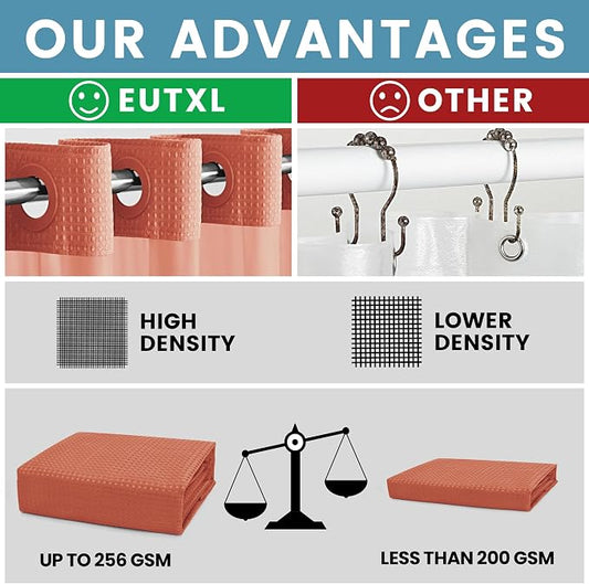 EUTXL Heavyweight Waffle No Hook Shower Curtain with Liner, 71x74, Coral | Snap in Liner, 256GSM, Thick, Hotel Luxury Spa, Waterproof Fabric, Corner Magnets, 3 in 1 Set, Washable, Hang in Seconds