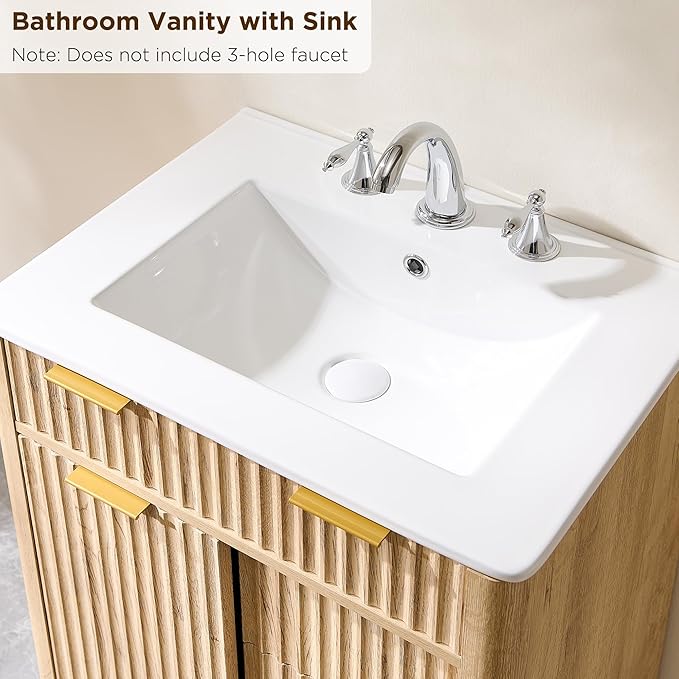 T4TREAM 24" Fluted Bathroom Vanity with Ceramic Sink Combo,Freestanding Small Modern Bathroom Storage Vanity Cabinet with Sliding Door & 3 Drawer,Wood Grain Texture,Metal Handle,Natural Oak