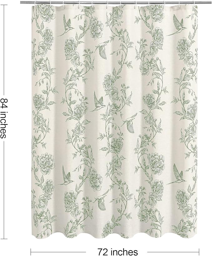 MitoVilla Extra Long Sage Green Cotton Shower Curtain for Bathroom,72 x 84 | Extra Long BoHo Cottagecore Hummingbird Spring Shower Curtains, Modern Farmhouse Country Floral Bathroom Décor, 72 x 84