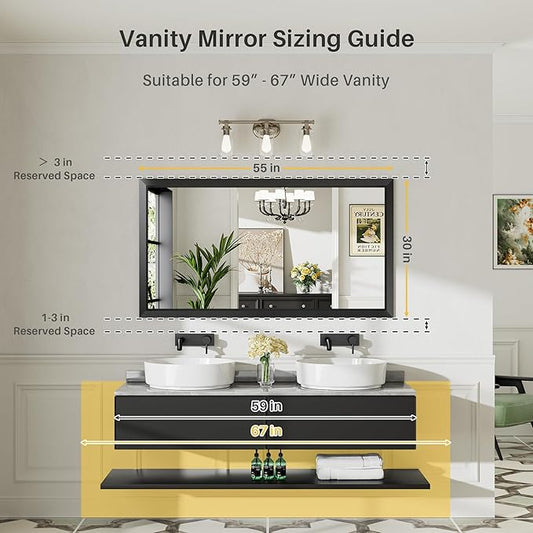 55.1x30.1 Inch Black Bathroom Mirror for Wall, Thick Metal Framed Rectangle Mirrors for Over Sink, Bedroom, Living Room, Entryway, Anti-Rust, HD Tempered Glass