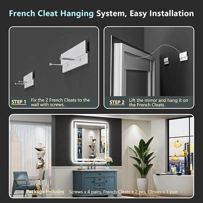 32x32 LED Bathroom Mirror with Lights, Backlit and Front Lit Anti-Fog Lighted Vanity Mirrors for Bathroom Wall, Dimmable, 3-Color Light, Memory, Shatter-Proof, HD Tempered Glass, CRIļ¼90