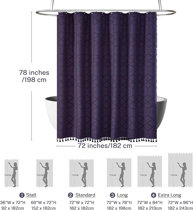 Siiluminisoy 78inch Long Dark Purple Shower Curtain Boho Shower Curtain Woven Fabric Tufted Chevron Textured Striped Modern Farmhouse Minimalist Cloth Shower Curtains for Bathroom, 72" x 78"