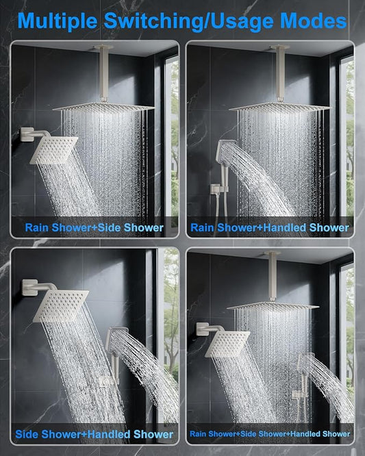 Shower System with Pressure Balance Valve, 12" Ceiling Mount Shower Faucet Set with 2 Rain Shower Head And Multi-function Handheld Head Push Button Diverter Pressure Balancing Valve Kit,Brushed Nickel