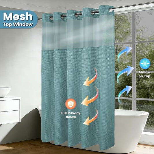 EUTXL Heavyweight No Hook Shower Curtain with Liner, Teal,71x86 | Snap in Liner, 256GSM Thick Waffle Fabric, Hotel Luxury Spa, Corner Magnets, Quick Dry, Waterproof & Washable, Extra Long