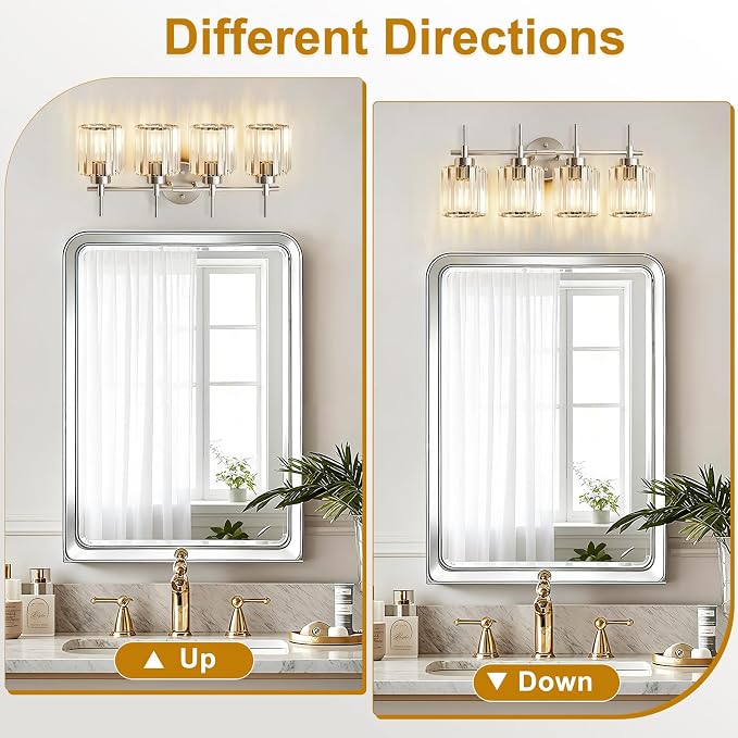 EJIAXIN Crystal Bathroom Vanity Lights, 4 Light Bath Mirror Light Brushed Nickel Round Crystal Wall Mount Light Fixture Over Mirror Morden for Living Room