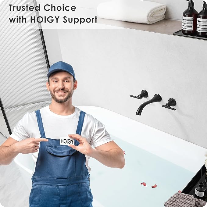 Brass Tub Filler Wall Mount 3 Hole, Farmhouse Black Tub Faucet, High Pressure 2 Handle Matte Black Bathtub Faucet Set with Long Spout Reach, Rough-in Valve