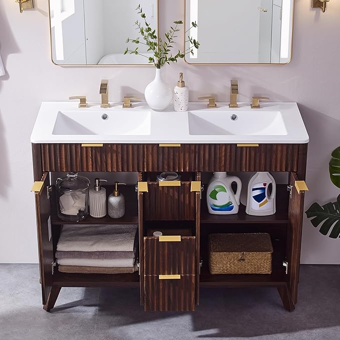 T4TREAM 48" Fluted Bathroom Vanity with Resin Sink Combo,Freestanding Modern Bathroom Storage Vanity Cabinet with Soft Closing Doors & 2 Drawers,Wood Grain Texture,Metal Handle,Dark Walnut