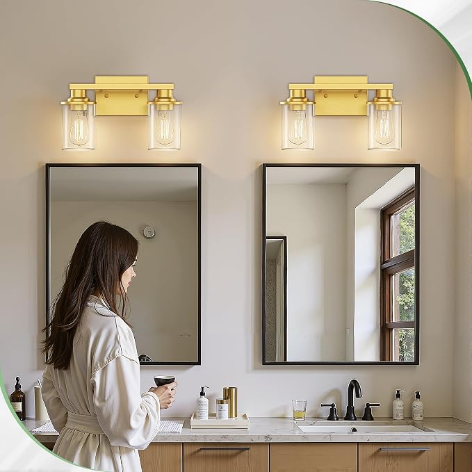 2-Light Gold Bathroom Light Fixture Wall Sconce | Modern Gold Vanity Light Fixture, Clear Glass Shade Bathroom Wall Light, Mirror Lighting for Living Room Bedroom, ETL Listed