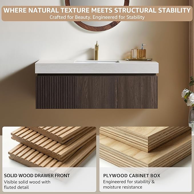 48” Floating Bathroom Vanity with Sink, Wall-Mounted Cabinet with Drawer & Doors, Roma Travertine-Pattern Countertop, Undermount Basin, Single Faucet Hole, Soft-Close, Pre-Assembled, Dark Oak