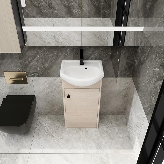 18 Inch Freestanding Bathroom Vanity, 18'' Floor Stand Bathroom Vanity with Sink, Single Sink Cabinet Combo, Modern Storage Cabinet, with Soft Closing Door, 02218PLO