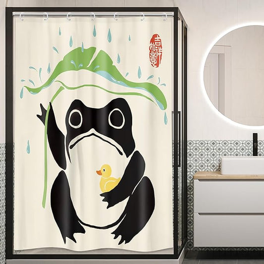 LGhtyro Funny Frog Shower Curtain Bathroom Set 48Wx71H Inches Taking Lotus Cute Duck Asian Traditional Japanese Style Animal Leaf Rain Bath Accessories Frog Art Home Decor Fabric 8 Pack Hooks