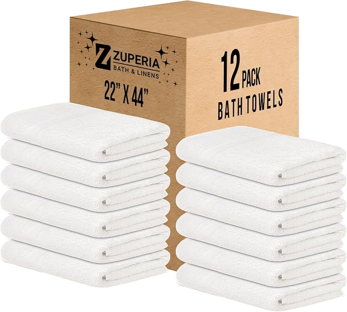 ZUPERIA White Bath Towels Bulk 12 Pack (22 x 44 Inches) - 100% Cotton Economy Light Weight Towels for Commercial Use - Quick Dry, Ultra-Soft, and Absorbent Bulk Towels
