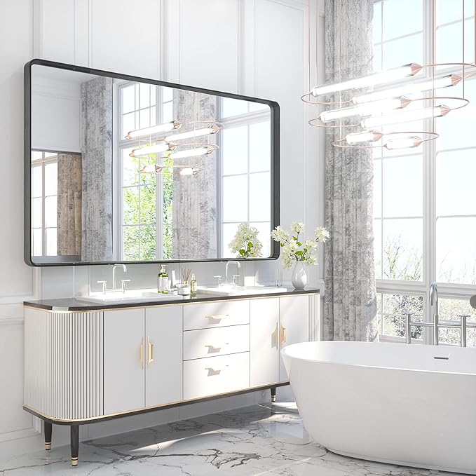 60 x 36 Inch Bathroom Mirror, Matte Black Metal Frame Modern Farmhouse Decorative Rectangle Wall Mirror for Double Vanity (Horizontal/Vertical)
