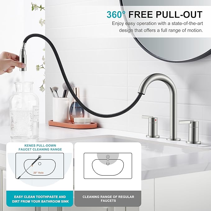 KENES Brushed Nickel Widespread Bathroom Faucet with Sprayer, 8 Inch 3 Hole Bathroom Sink Faucet with Pull Out Sprayer, Pull Down 2 Handle Vanity Faucet with Pop Up Drain & Supply Lines LJ-9068