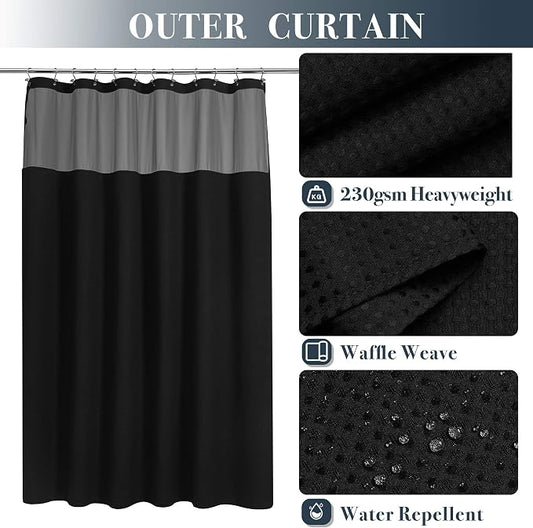 N&Y HOME Waffle Weave Shower Curtain with Snap-in Liner Set Black, 71x72 | 12 Black Metal Hooks Included, Snap on/off Fabric Liner, Mesh Window, Washable, Hotel Style Shower Curtain Set for Bathroom
