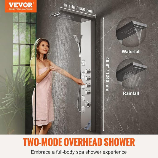 VEVOR Shower Tower, 4 Shower Modes Shower Tower System, Rainfall, Waterfall, 5 Full Body Massage Jets and 3-Setting Handheld Shower Head with 59" Hose, Stainless Steel Wall-Mounted Shower Set