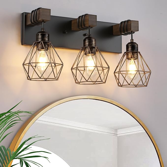 VbiTmn Black Gold Bathroom Light Fixtures, 3-Light Farmhouse Vanity Light | Wood Vanity Lights, Rustic Wall Mount Over Mirror for Bedroom & Hallway, Easy to Install, Sturdy Build for Bathroom Use