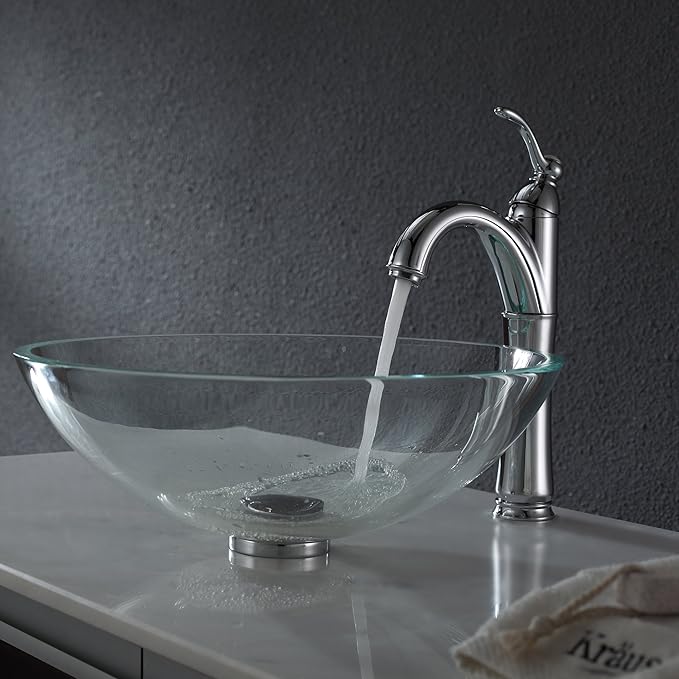Kraus GV-100-CH Crystal Clear Glass Vessel Sink with PU-MR, Chrome