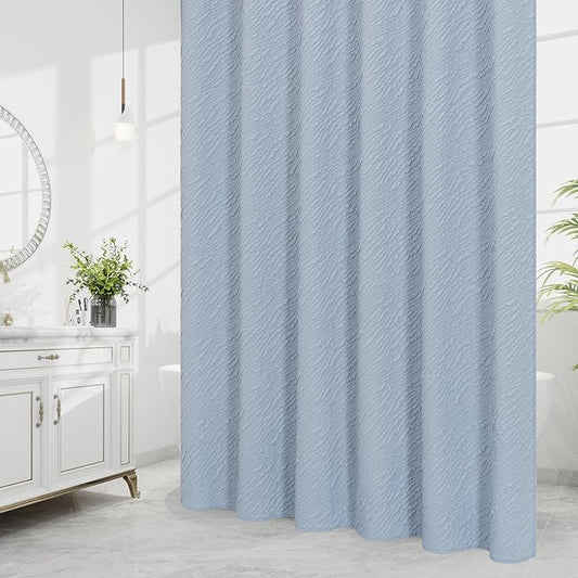 MitoVilla Fog Blue Shower Curtain, Farmhouse Waves Fabric Shower Curtains for Modern Hotel Bathroom Decor, 3D Geometric Embossed Textured, Waterproof & Wrinkle Resistant, 72 x 72