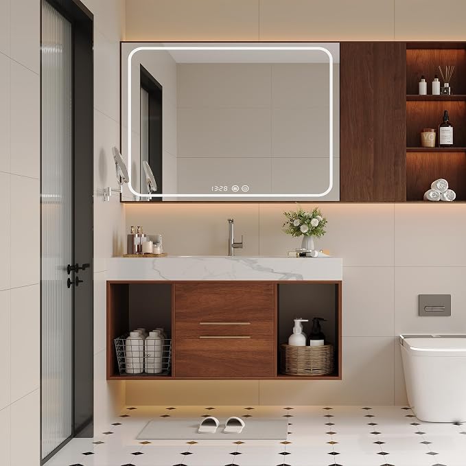 KEIKI 39.4" Bathroom Vanity with Undermount Sink Combo, Modern Floating Vanity Cabinet with 2 Drawers & Open Side Shelves, Storage Wall Mounted Cabinet for Small Space, Walnut Marbe