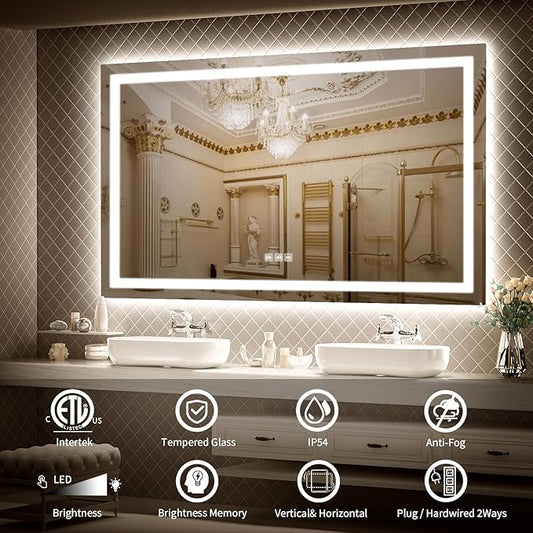 LED Mirror for Bathroom, 60x36 Inch Backlit + Front Lighted Bathroom Vanity Mirror with Lights for Wall, Double Light Strips, 3 Colors, Shatter-Proof, Anti-Fog and Brightness Memory