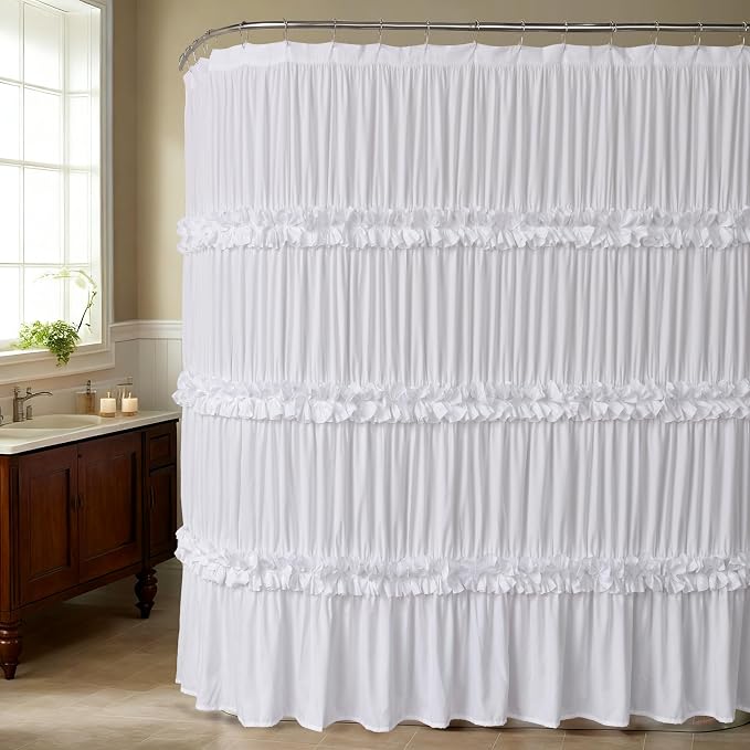 Homechoice Decor Extra Wide Shower Curtain 108"W x 72"L with 18 Buttonholes | Vintage Handcrafted Bow Tie Bath Curtain for Bathroom and Clawfoot Tub, Victorian Ruffle Bathroom Curtain, White (LQ-10)