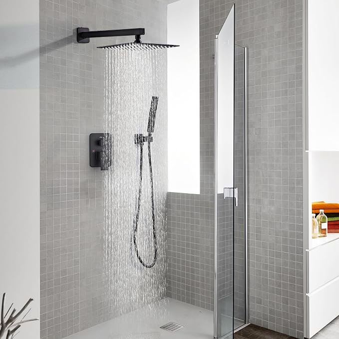 Shower Faucet Set, Matte Black Rainfall Shower System Complete Wall Mounted for Bathroom with 10 Inch Square Shower Head and Handheld Shower Head Rain Mixer Combo Set