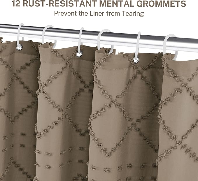 Siiluminisoy Extra Long Boho Farmhouse Shower Curtain - Woven Fabric Khaki 84 Inch, 72 x 84 Tufted Chevron Textured Striped Modern Minimalist Cloth for Bathroom