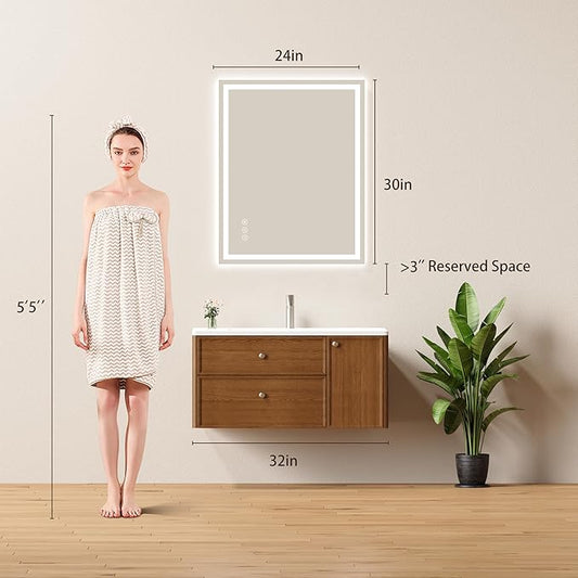 24x30 LED Bathroom Mirror with Lights - Dimmable, Anti-Fog, 3 Color Backlit & Front Lit Mirror for Bathroom, Shatter-Proof Tempered Glass, Easy Installation