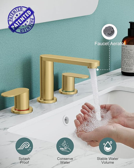 BWE Brushed Gold Bathroom Faucet 3 Hole, 8 Inch Widespread Gold Bathroom Faucets with Pop-up Drain and Supply Lines, 360° Swivel Spout 2-Handle Sink Faucet for Bath Vanity
