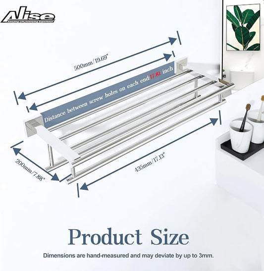 Alise Double Towel Rack for Bathroom Wall Mounted 20 Inch,Polished Chrome | SUS304 Stainless Steel Towel Rack with Shelf,Bathroom Tower Holder Towel Shelf with Double Towel Bars for Lavatory Kitchen