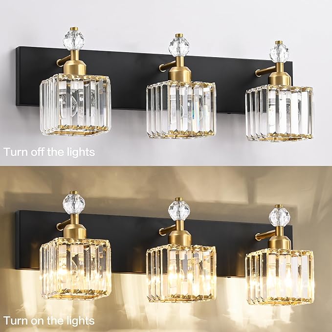 PRESDE 3-Light Crystal Bathroom Vanity Lights Black and Gold Bathroom Lights Fixtures Over Mirror Modern Bath Wall Lighting