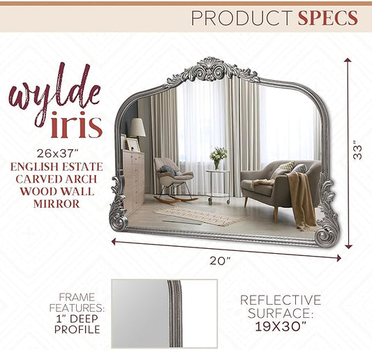 English Estate Carved Arch Wood Wall Mirror, Mirror for Entryway, Living Room, Bathroom, Antique Silver, 26x37