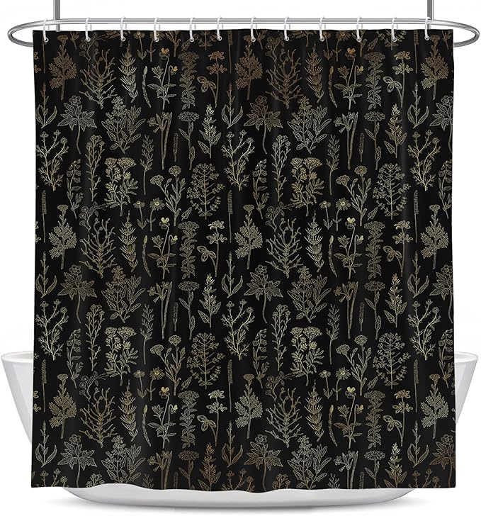 Coxila Vintage Floral Shower Curtain Black and Gold Boho Gothic Flower Aesthetic Whimsical Goth Moody Dark Botanical Witchy Nature Art Cottagecore Bathroom 60 x 72 Inch Polyester Fabric 12 Pack Hooks