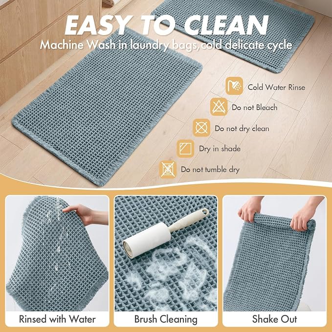 MIULEE Set of 2 Waffle Bathroom Rugs Boho Bath Mat Dusty Blue 18x30 Inch | Non Slip, Super Absorbent, Washable, Ultra Soft, Rubber Backed Bath Rugs for Bathroom Floor Tub Shower