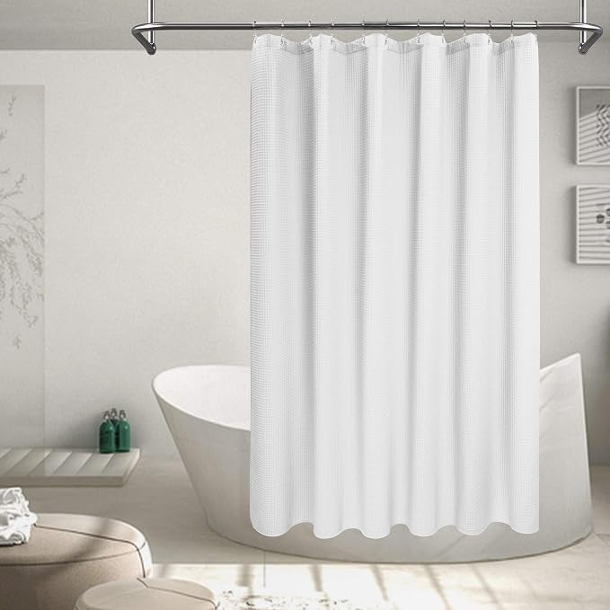Barossa Design Fabric Shower Curtain Cotton Blend 75 inch Long, Honeycomb Waffle Weave, Hotel Luxury, Heavy Weight, Spa, Washable, White, 72x75