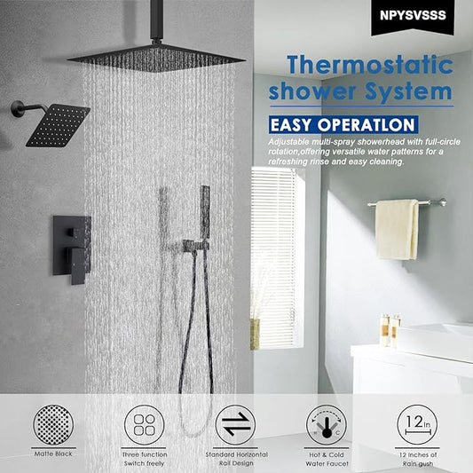 Shower System Dual Shower Heads with 12" Ceiling Mounted Rain Shower Head & 6" Wall Mounted Head Full Body Luxury Rain Shower System 3 Way Pressure Balance Valve Kit, Matte Black